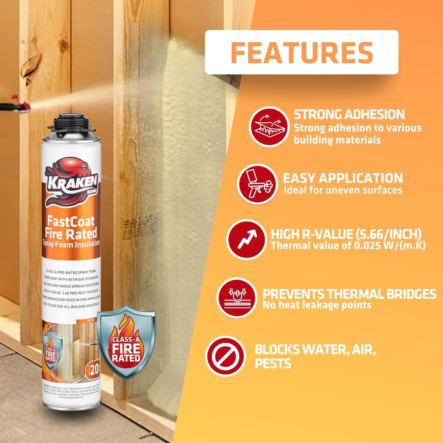 Kraken Bond Fastcoat Fire Rated Spray Foam Insulation Closed Cell in a Can 480 sq ft (24x27.1 oz.) (R-Value 11.32 / 2in) - Spray Foam for Garage Door, Attic, Wall Gun & Cleaner Included, 24 Pack