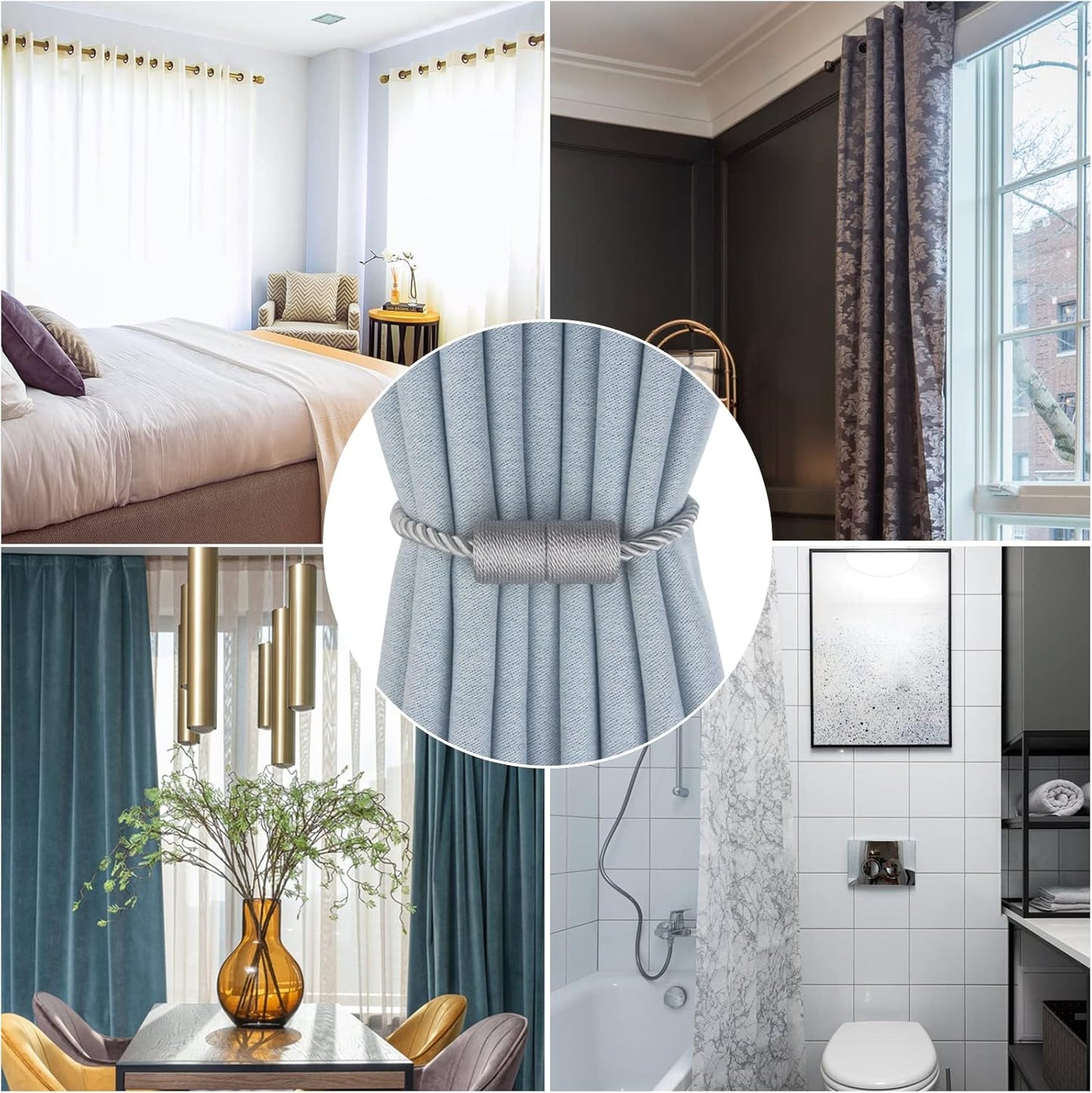 Magnetic Curtain Tiebacks 6 Pack Grey Curtain Rope Tieback Curtain Holders for Drapes Modern Tie Backs Decorative Curtain Holdbacks