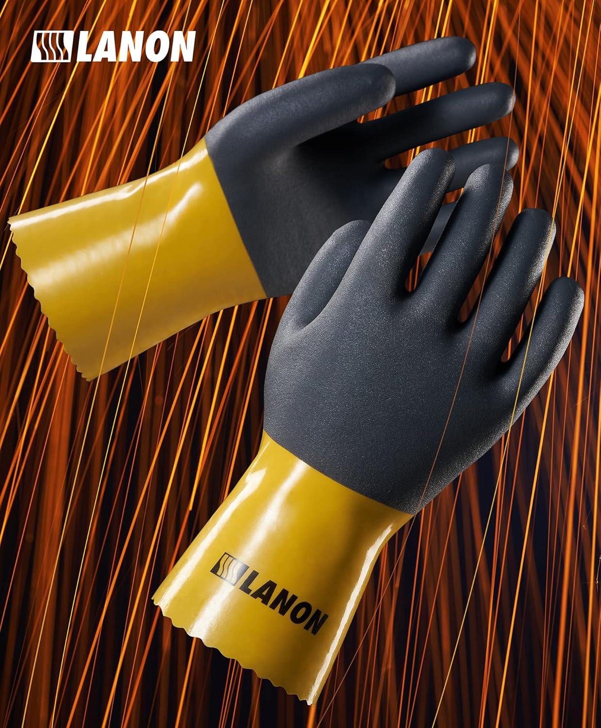 LANON PVC Chemical Gloves, Thick Rubber Work Gloves, Heavy-Duty, EN 374/388, Acid, Alkali and Oil, Non-Slip, Large
