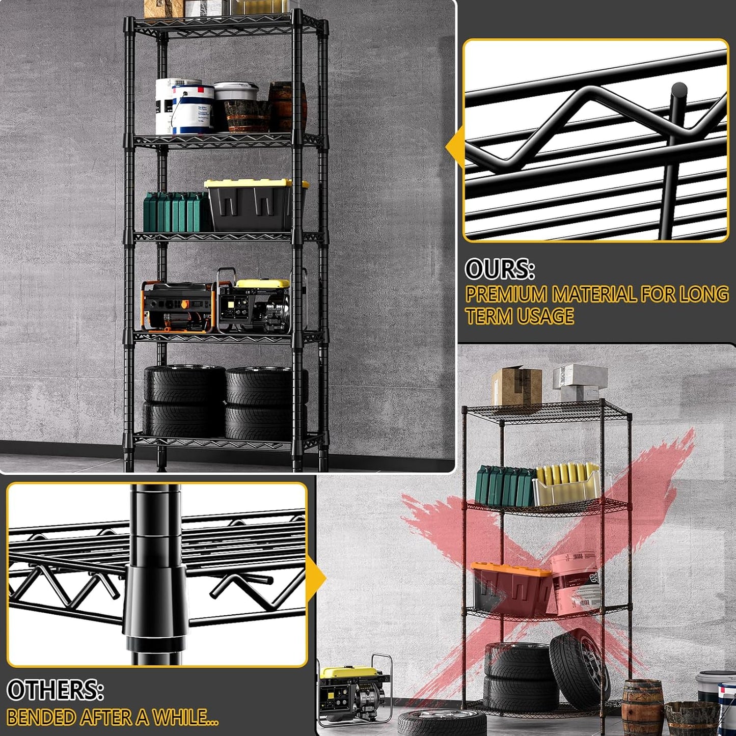 1250 lbs 5 Tier Shelf Metal Storage Shelves Wire Rack Closet Organizers for Garage Kitchen Bathroom Laundry Black 11.8" D x 23.6" W x 59.5" H