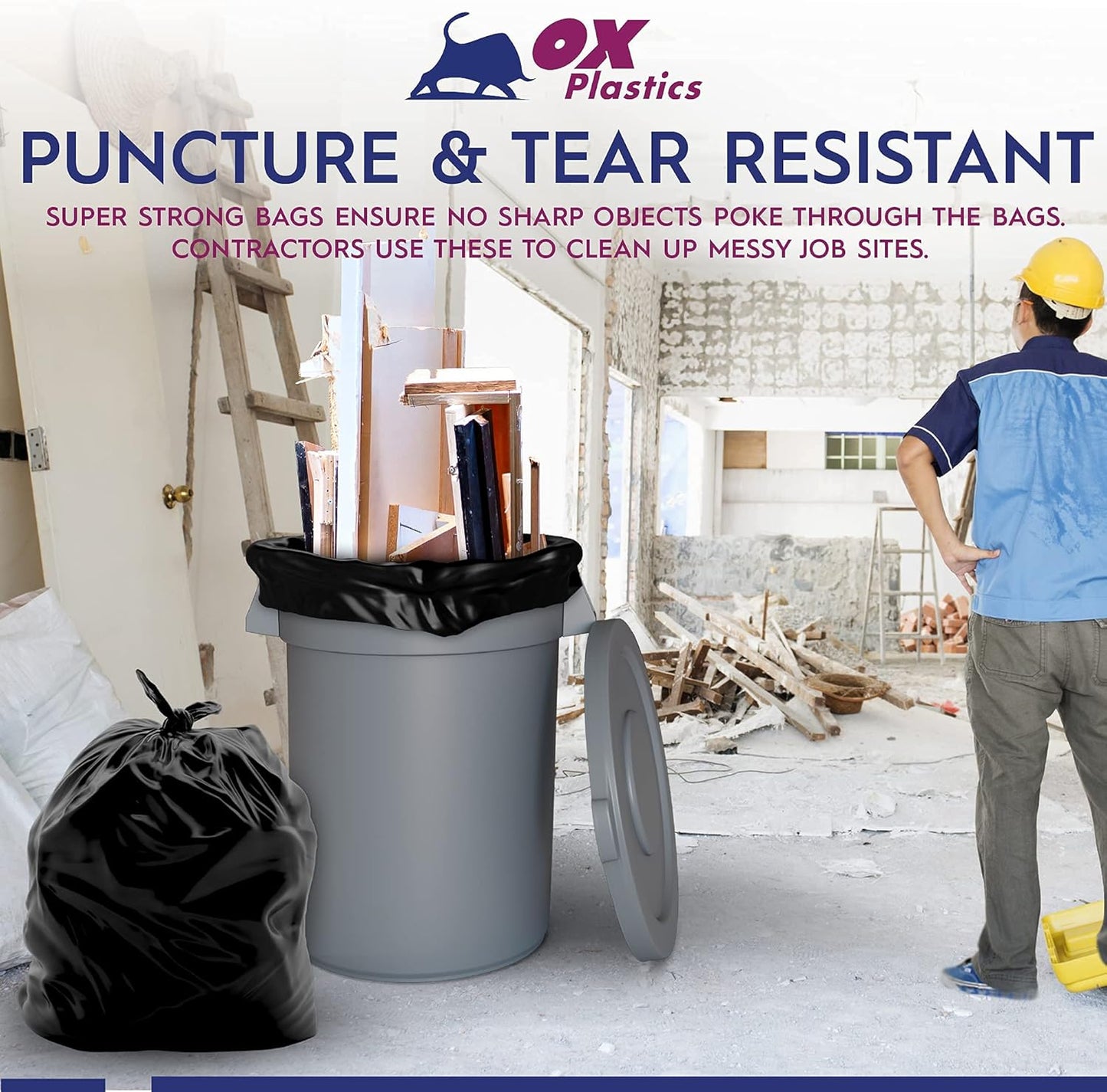 Ox Plastics 60 Gallon Trash Can Liners Bags - (25 Count) & 3mil Thick Extra Heavy Duty Strength - Large Garbage, Leak-Proof & Durable Bags