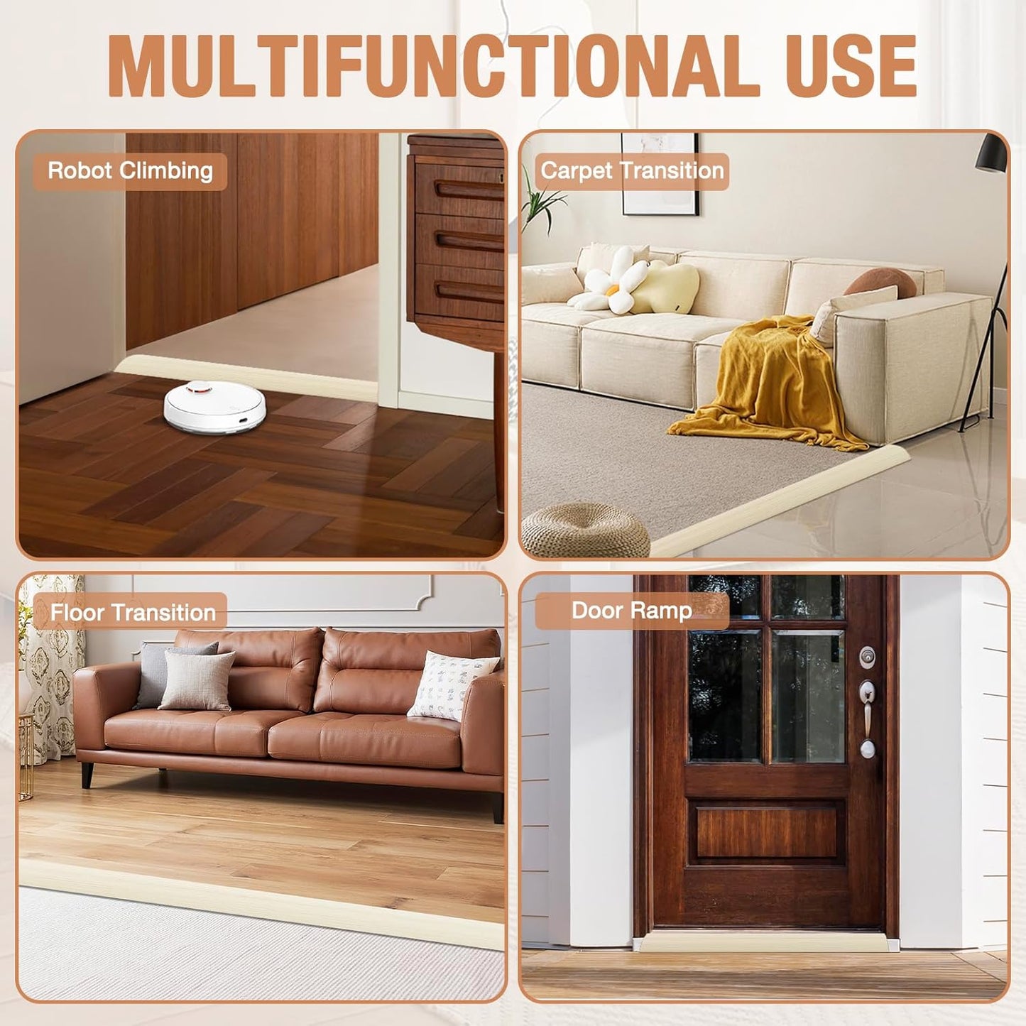 Floor Transition Strip Self Adhesive Vinyl Door Threshold for Doorways Carpet Edging Trim Overlap Edge Reducer for Laminate Floor, Carpet, Tile (Beige Wood Grain, 2/5" to 3/5", 6.6Ft)