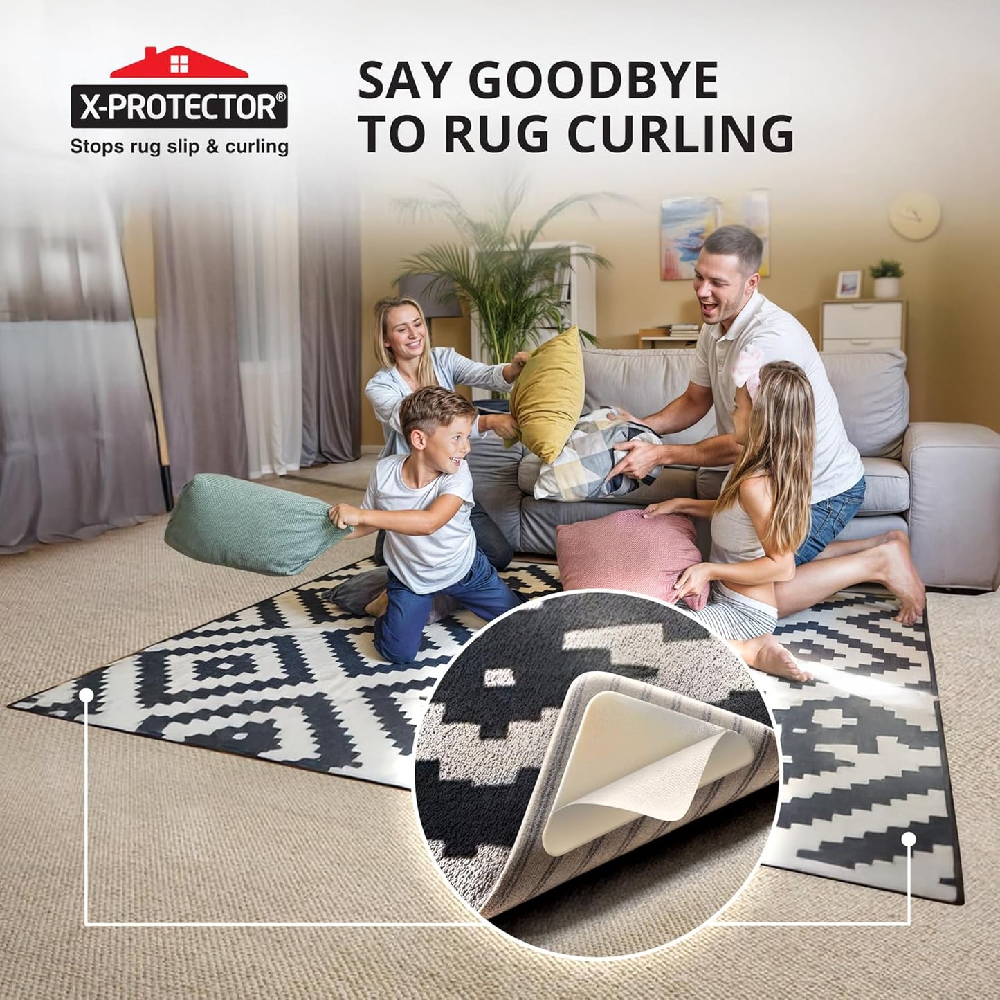 X-Protector Rug Tape for Carpet - 8 Pcs Set - White Anti-Slip & Anti-Curling Carpet Tape for Rugs - Premium Rug Pad Gripper - Ideal Carpet Corner Grippers to Keep Your Rugs & Make Corners Flat