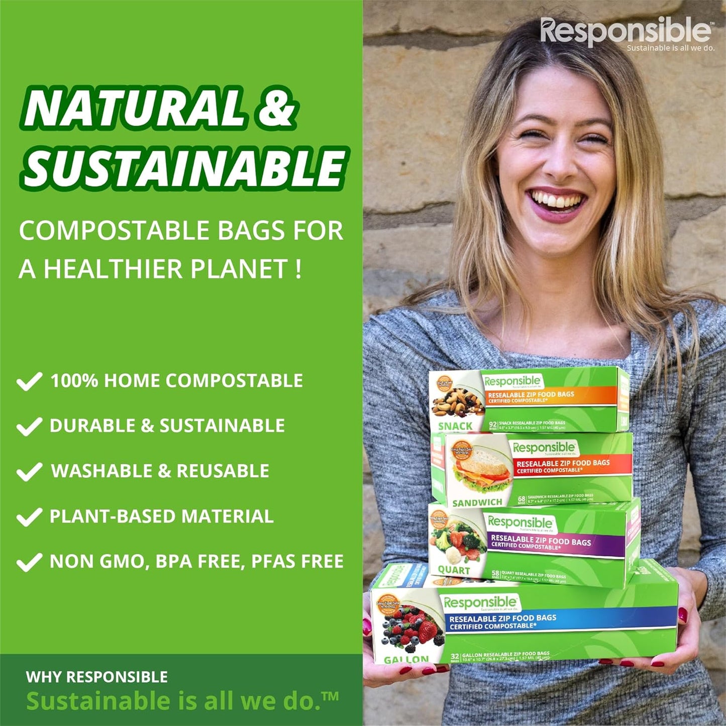 Responsible Products Certified Compostable Large GALLON Resealable Zip Bag, Extra Strength Food Bags, Made from Plant Materials (14 Pack)
