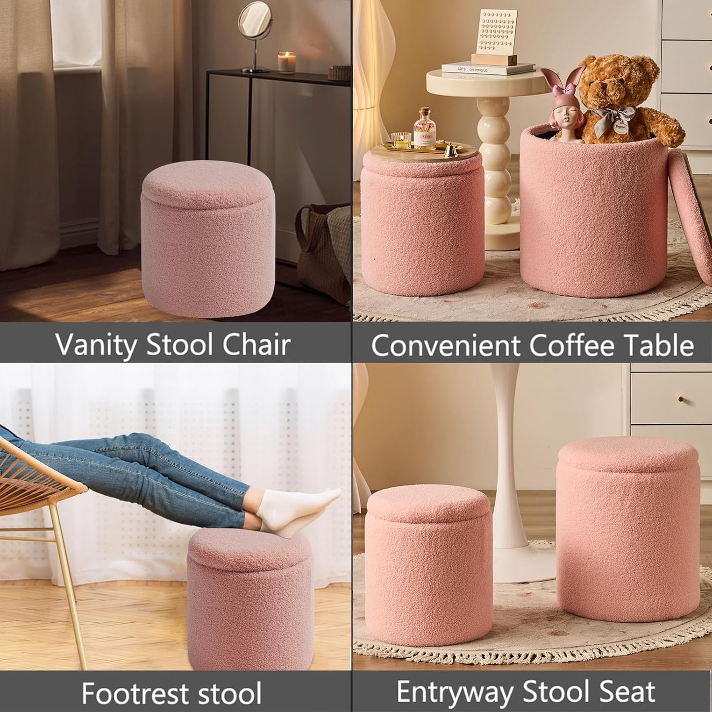 Round Ottoman with Storage Set of 2-Upholstered Sherpa Vanity Stool for Makeup Multifunctional Ottomans Coffee Table Padded Seat Foot Rest for Living Room&Bedroom(Sherpa Pink)