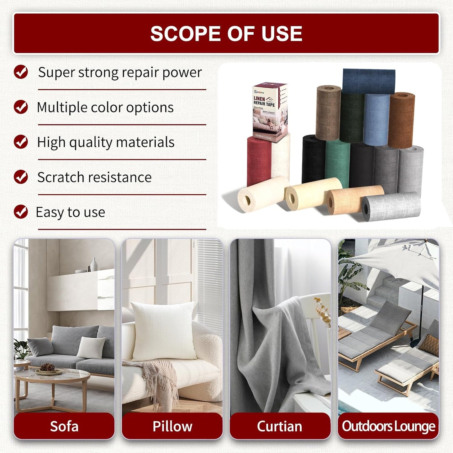 Linen Repair Tape 16x90 inch, Self Adhesive Fabric Patches, Linen Patch Tape Kit, Fabric Repair Tape for Couch Sofas, Headboards, Chairs, Pillows, Curtains, Couches - White