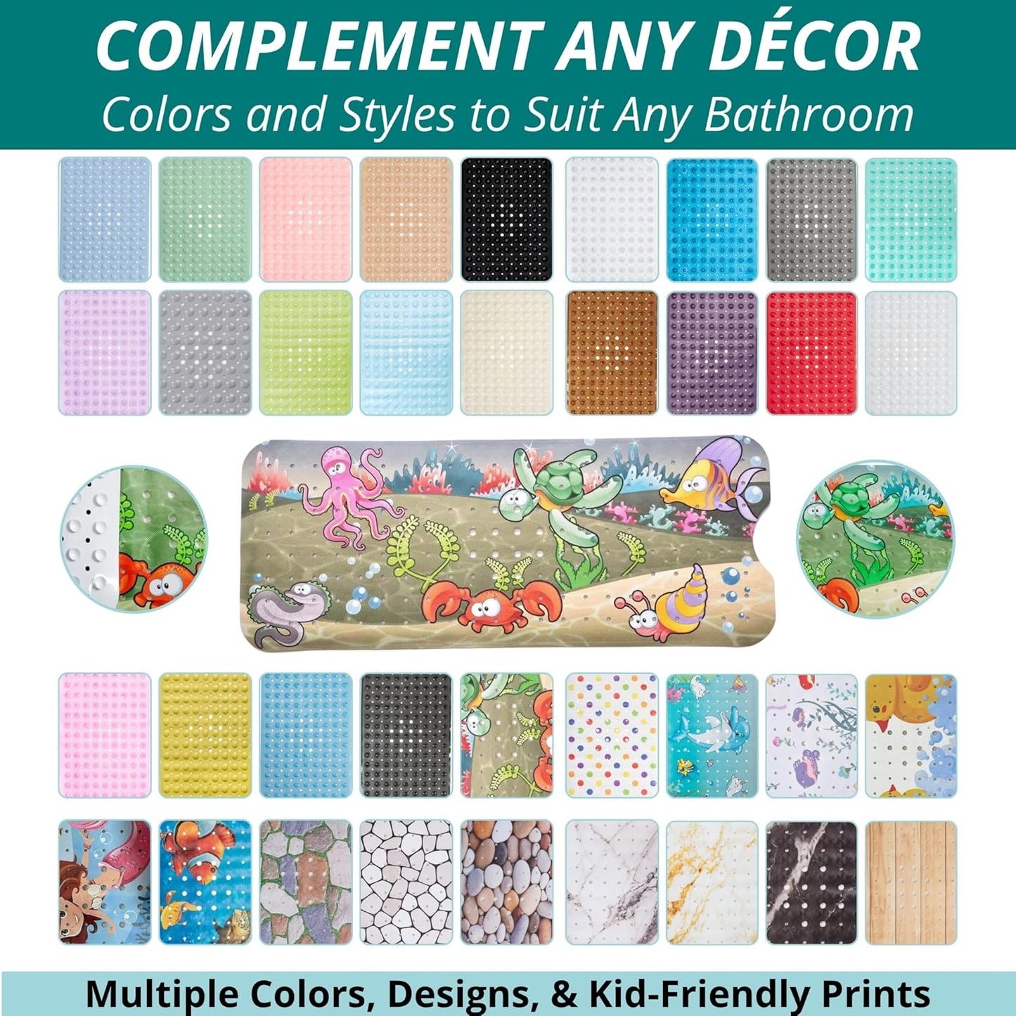 ENKOSI Bath Mat - Large Non Slip Bathtub & Shower Mat - Extra Long 40 x 16 Inch Bathroom Mats for Tub Nonslip Anti Slip Bathmats (Ocean Friends), 1 Pack