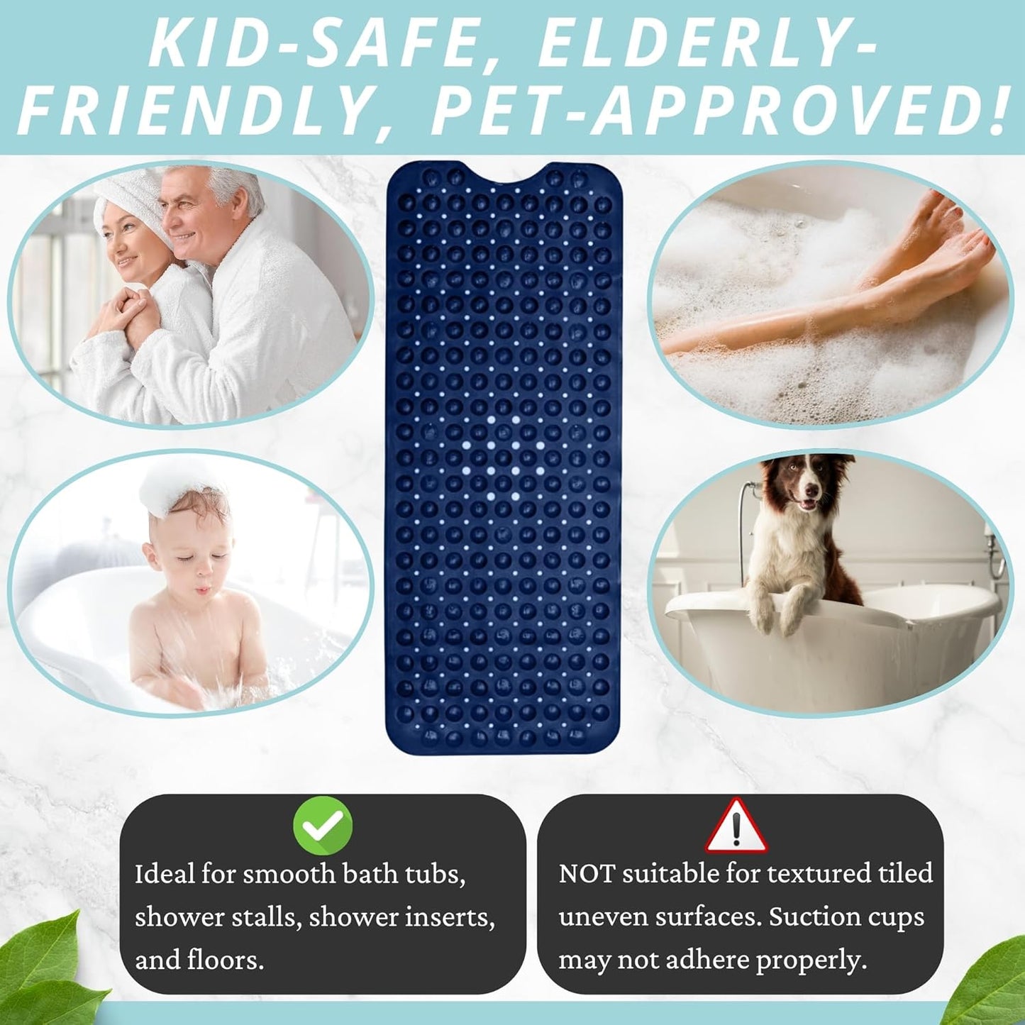 ENKOSI Bath Mat - Large Non Slip Bathtub & Shower Mat - Extra Long 40 x 16 Inch Bathroom Mats for Tub Nonslip Anti Slip Bathmats (40x16 Navy 1-Pack)