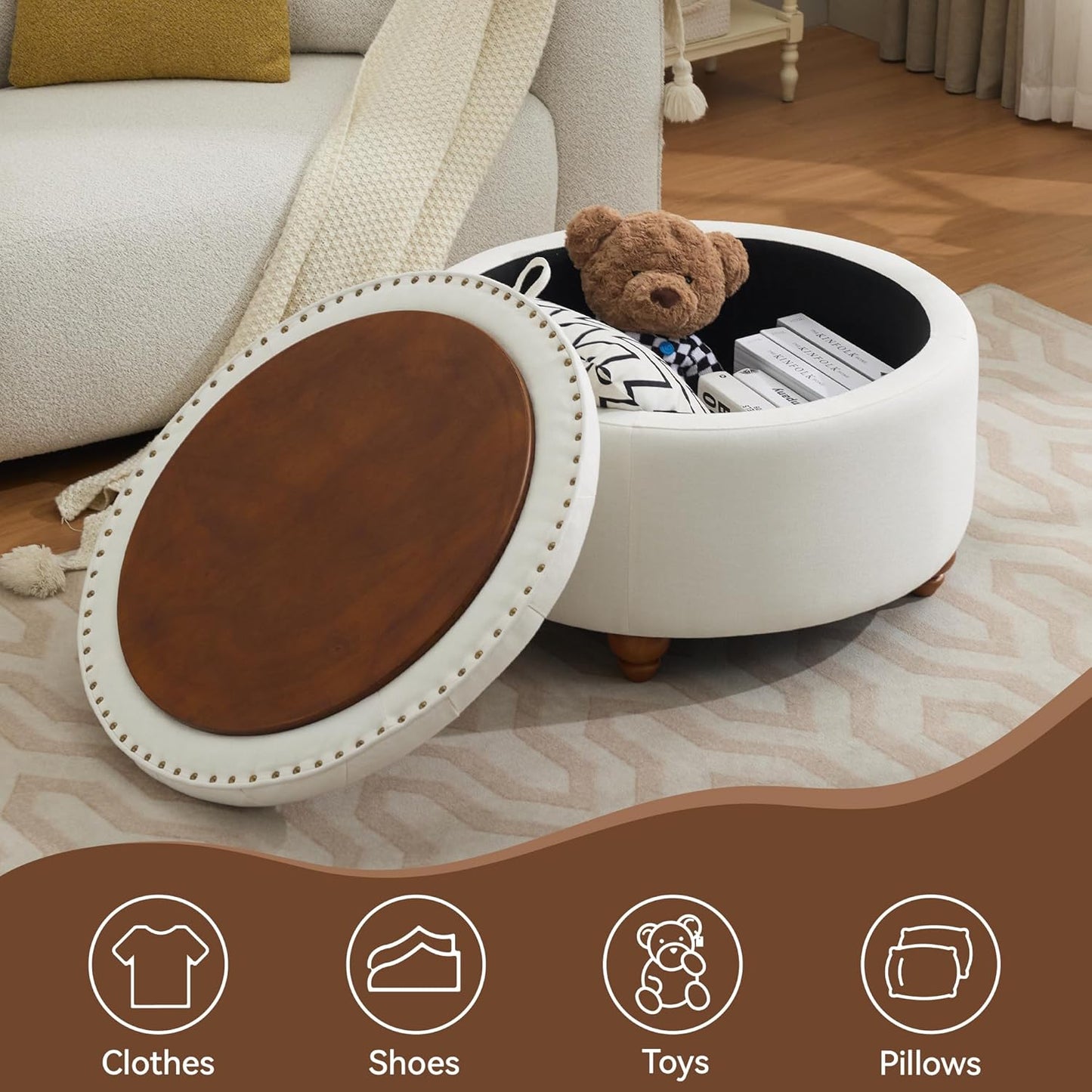 30Inch Round Storage Ottoman with Tray, Modern Tufted Fabric Circle Coffee Table with Storage, Upholstered Ottoman with Removable Top for Living Room, Bedroom, Beige