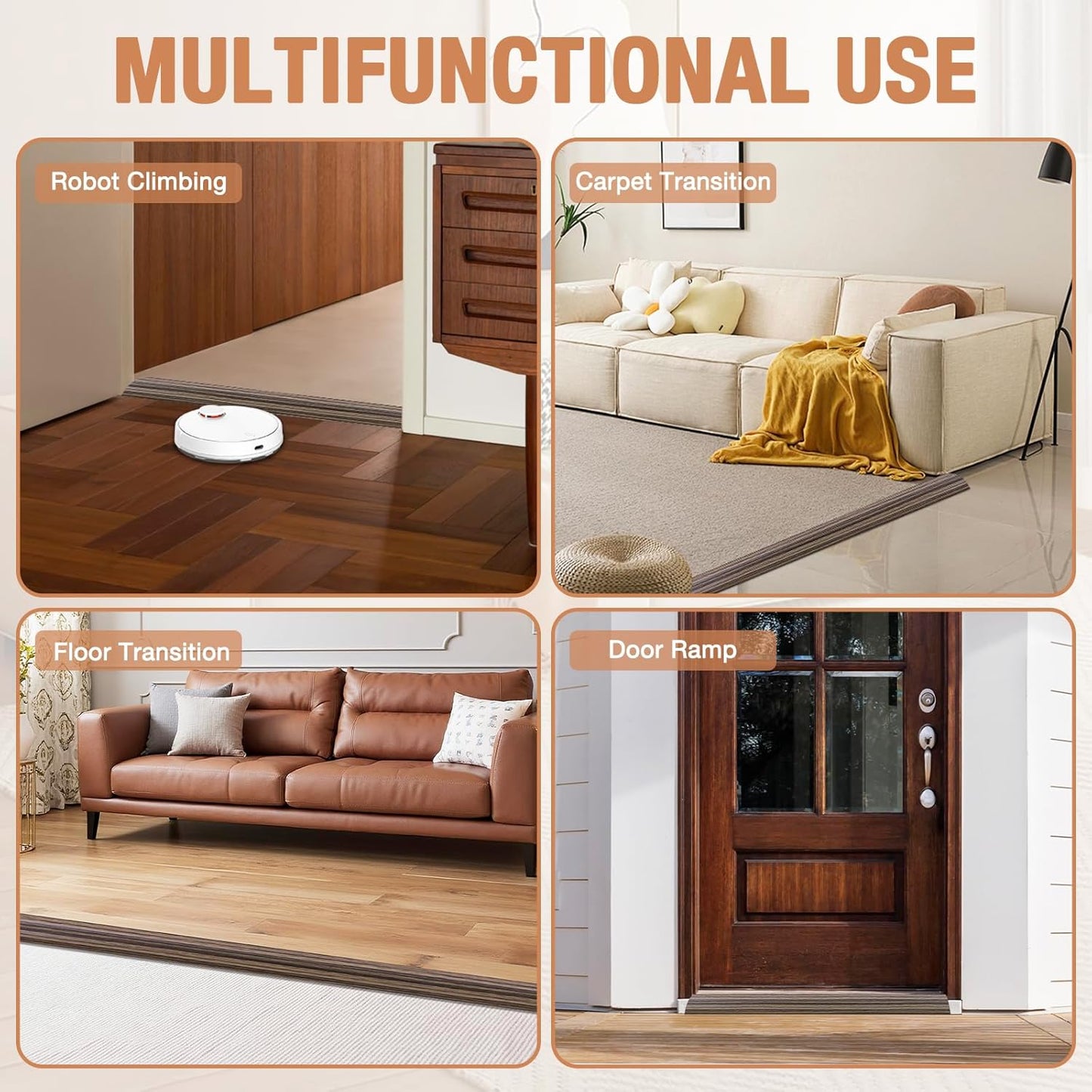 Floor Transition Strip Self Adhesive Vinyl Door Threshold for Doorways Carpet Edging Trim Overlap Edge Reducer for Laminate Floor, Carpet, Tile (Smoked Brown Wood Grain, 3/5" to 4/5", 3.3Ft)