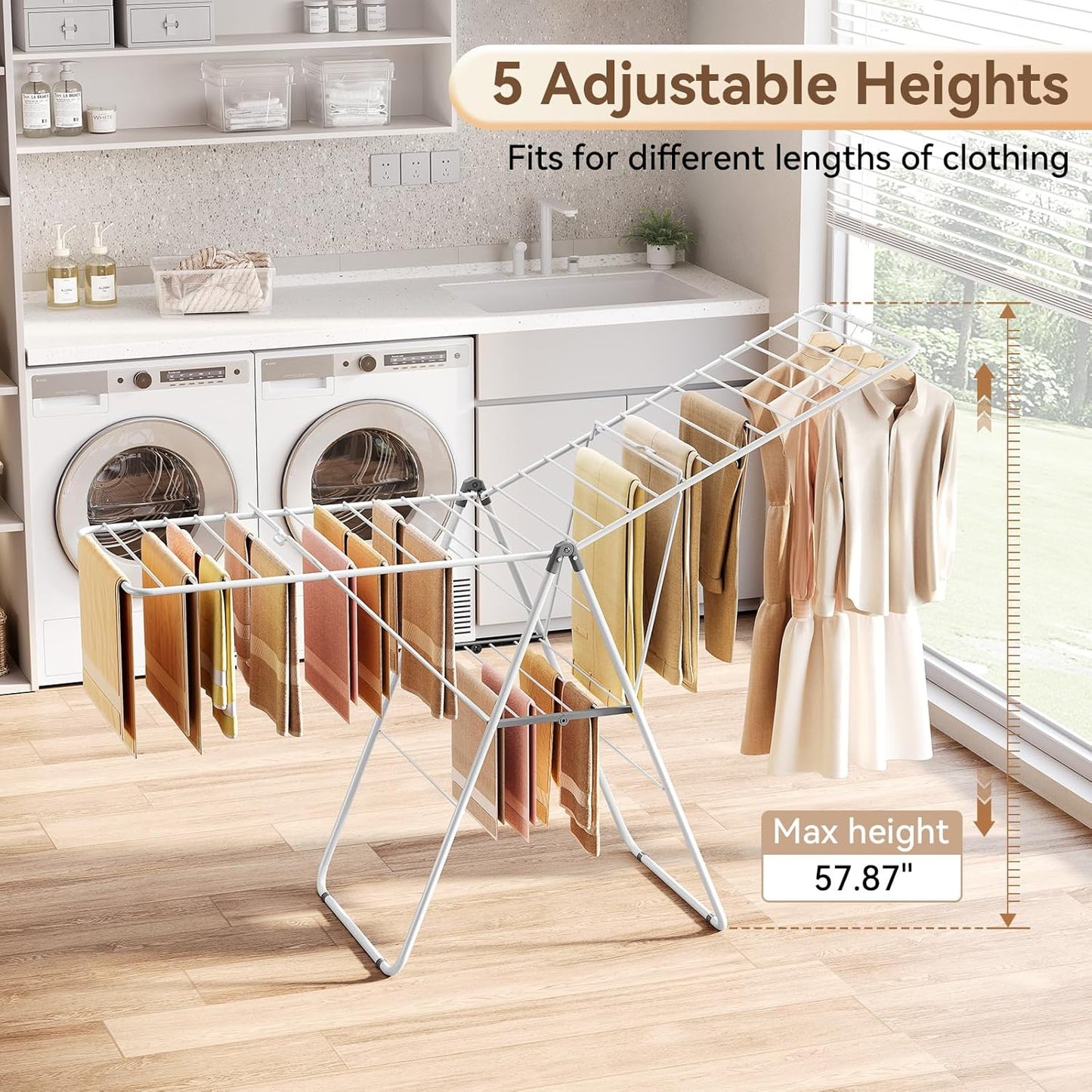 APEXCHASER Clothes Drying Rack, Foldable Drying Rack Clothing, Sturdy Metal Laundry Drying Rack, Height-Adjustable Gullwing, Easy to Fold, Space-Saving, for Indoor Outdoor, White