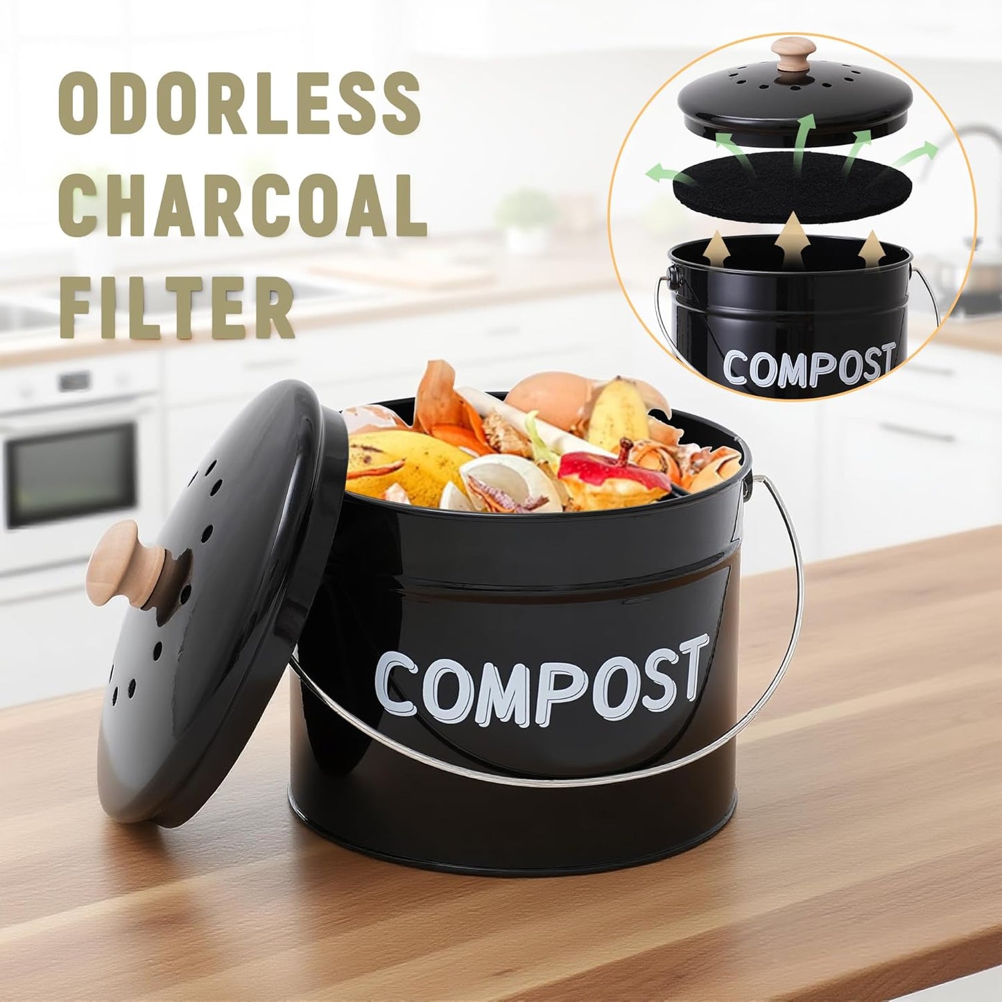 Compost Bin for Kitchen Counter, 1 Gallon Compost Bucket with Lid and Charcoal Filter, Countertop Composter, Rust Proof Indoor Food Waste Bin, Black