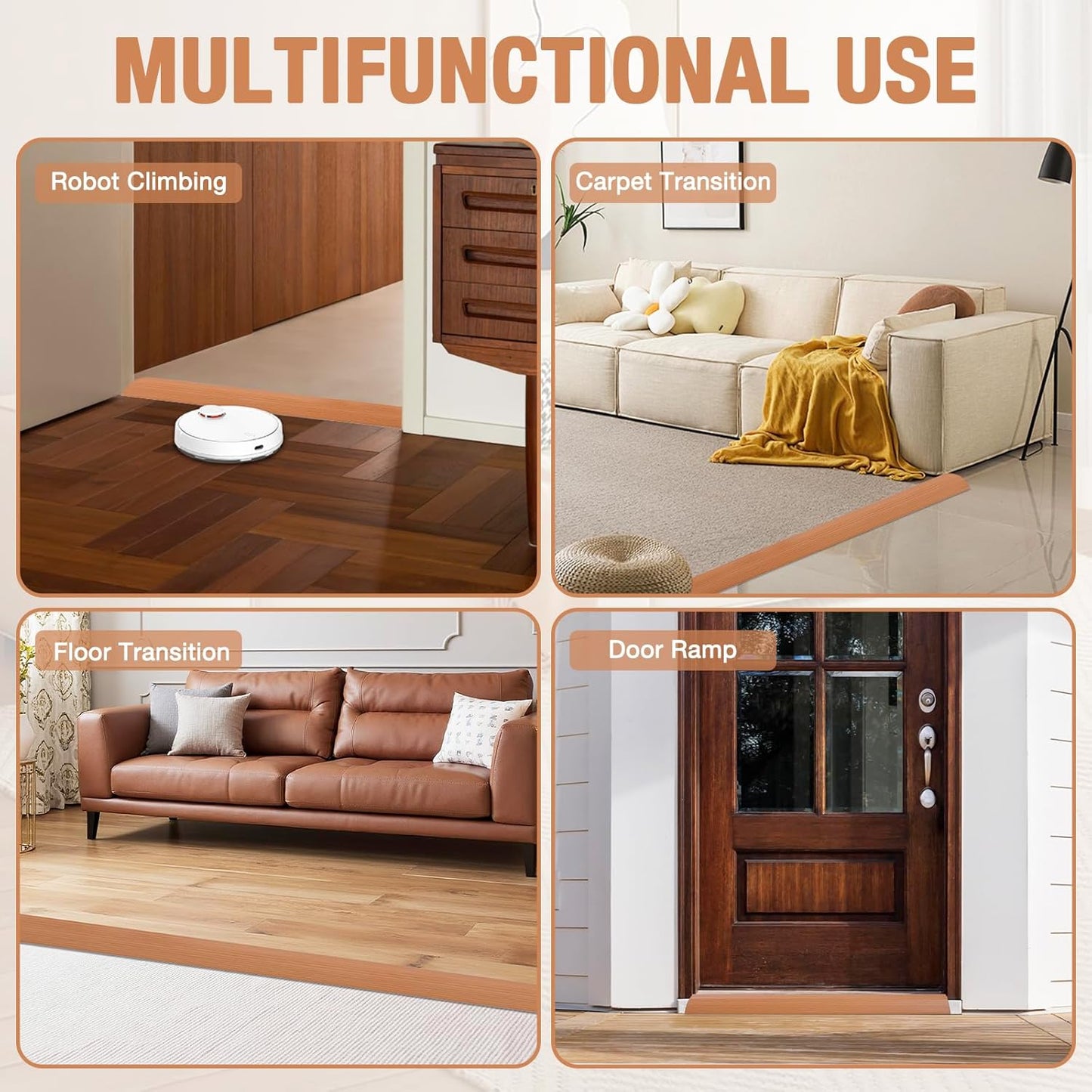 Floor Transition Strip Self Adhesive Vinyl Door Threshold for Doorways Carpet Edging Trim Overlap Edge Reducer for Laminate Floor, Carpet, Tile (Yellow Oak Grain, 3/5" to 4/5", 3.3Ft)