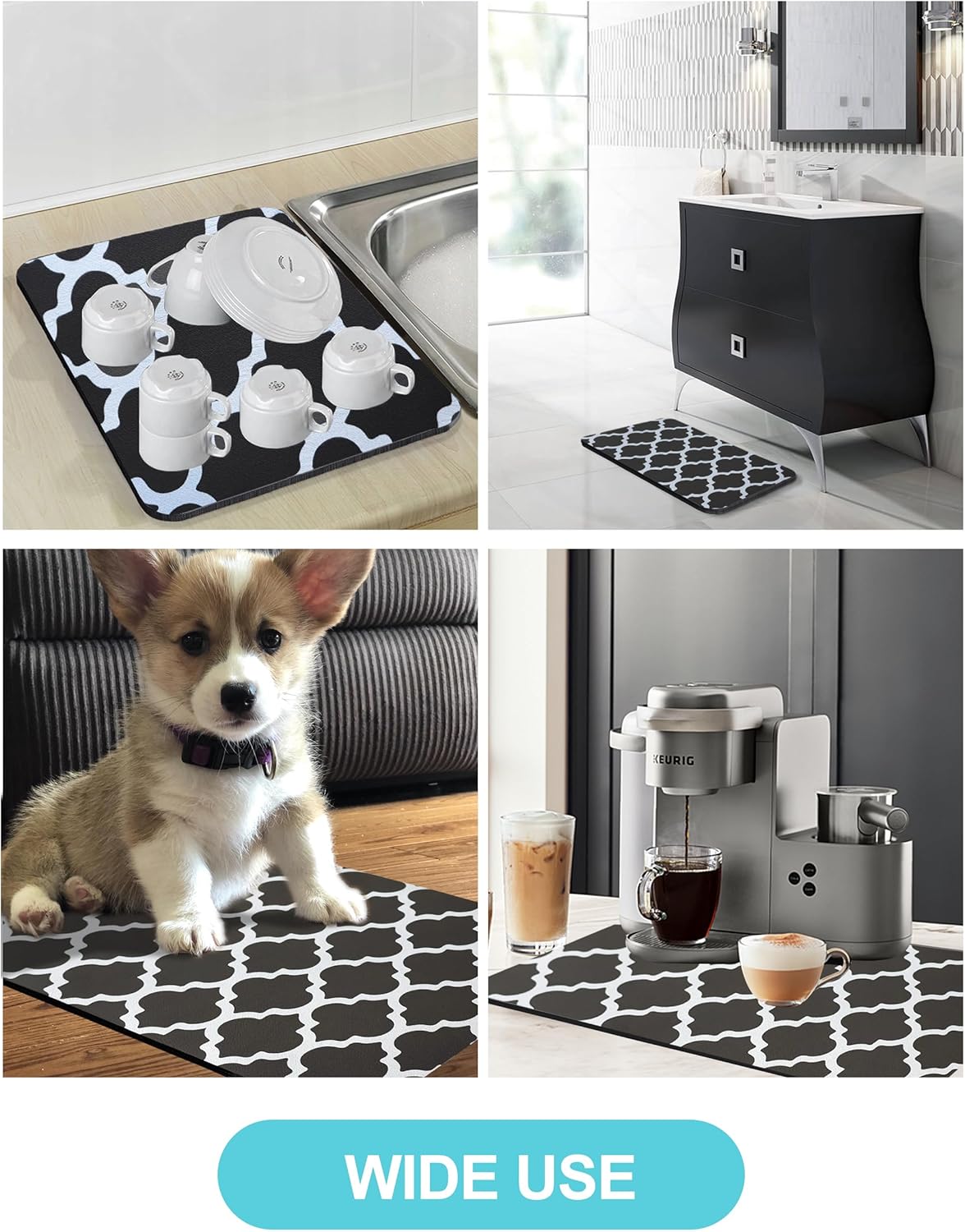 Dish Drying Mat for Kitchen Counter, 16"x24" Dish Drying Pad with Non-slip Rubber Backed, Hide Stain Anti Absorbent for Kitchen Counter, Drying Mat for Coffee Machine Dish Rack (Gray Trellis)