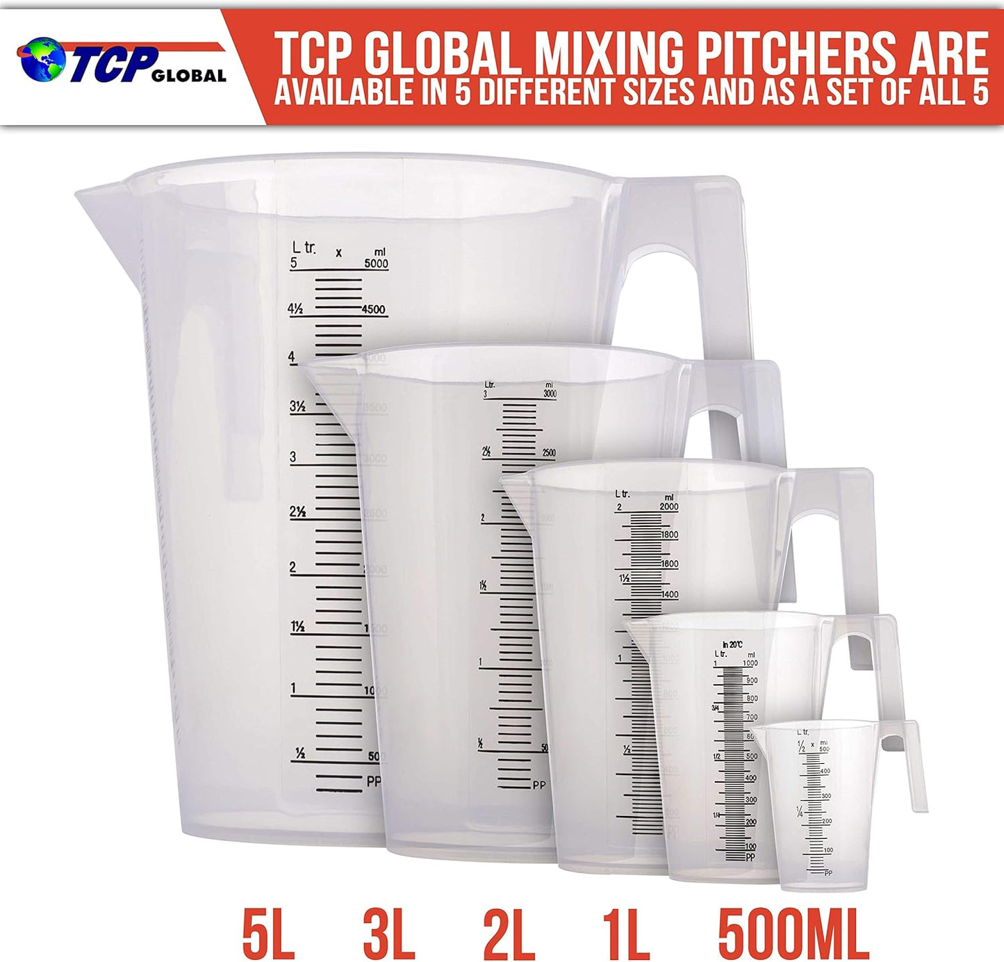 TCP Global 2 Liter (2000ml) Plastic Graduated Measuring and Mixing Pitcher (Pack of 4) - Holds Over 2 Quarts (64oz) - Pouring Cup, Measure & Mix Paint, Resin, Epoxy, Kitchen Cooking Baking Ingredients