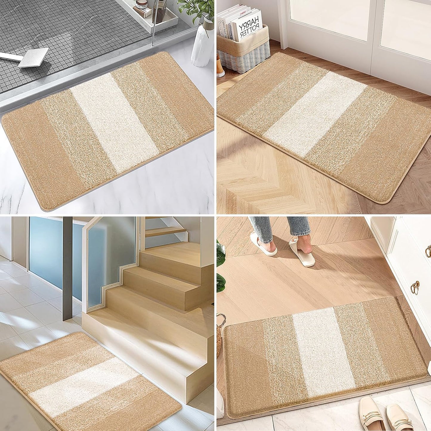 Kitinjoy Indoor Outdoor Door Mat, 40x32 Non-Slip Absorbent Dirt Trapper, Low-Profile Washable Inside Entrance Front Floor Mat, Sturdy Soft Entry Doormats for Entryway, Beige
