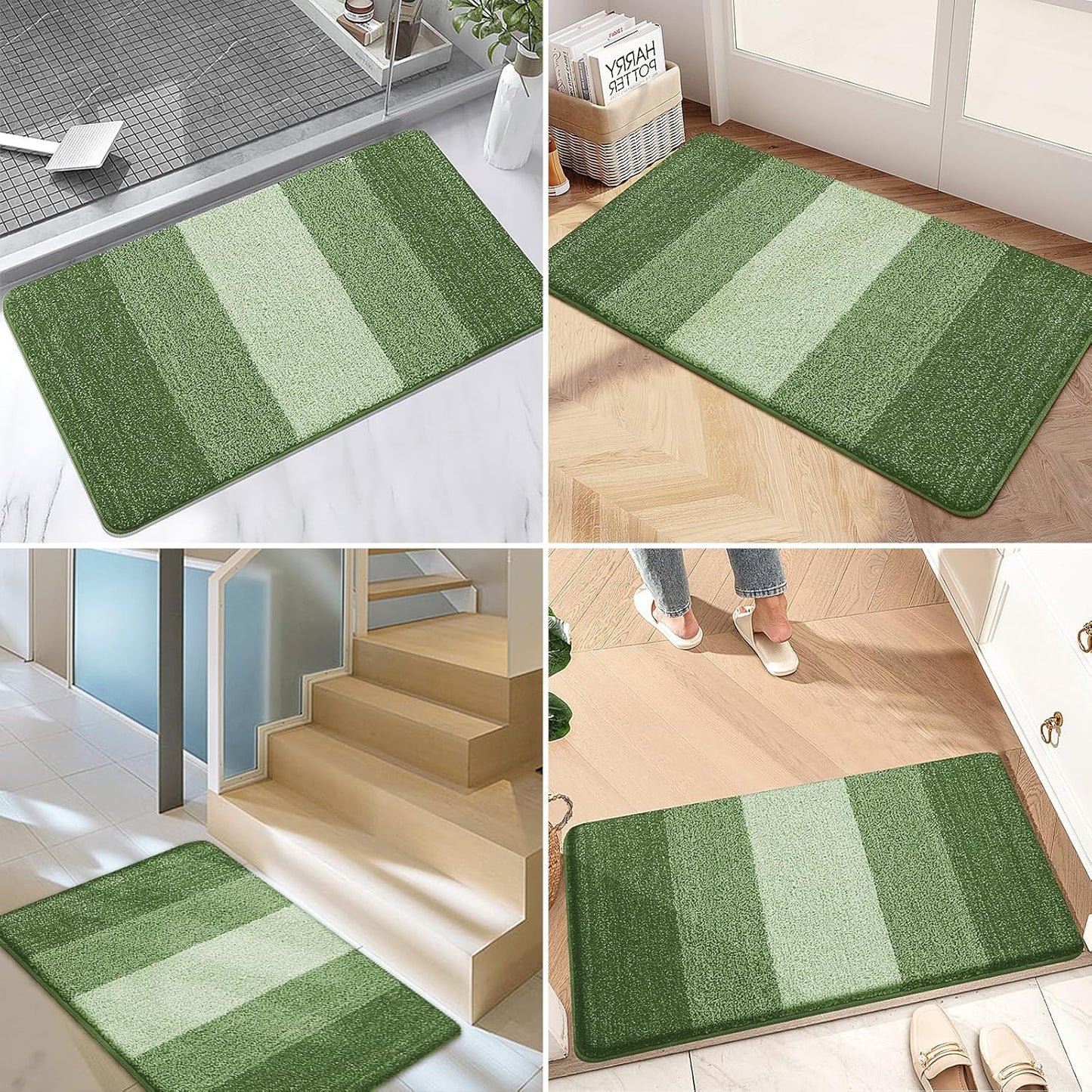 Kitinjoy Indoor Outdoor Door Mat, 48x30 Non-Slip Absorbent Dirt Trapper, Low-Profile Washable Inside Entrance Front Floor Mat, Sturdy Soft Entry Doormats for Entryway, Green