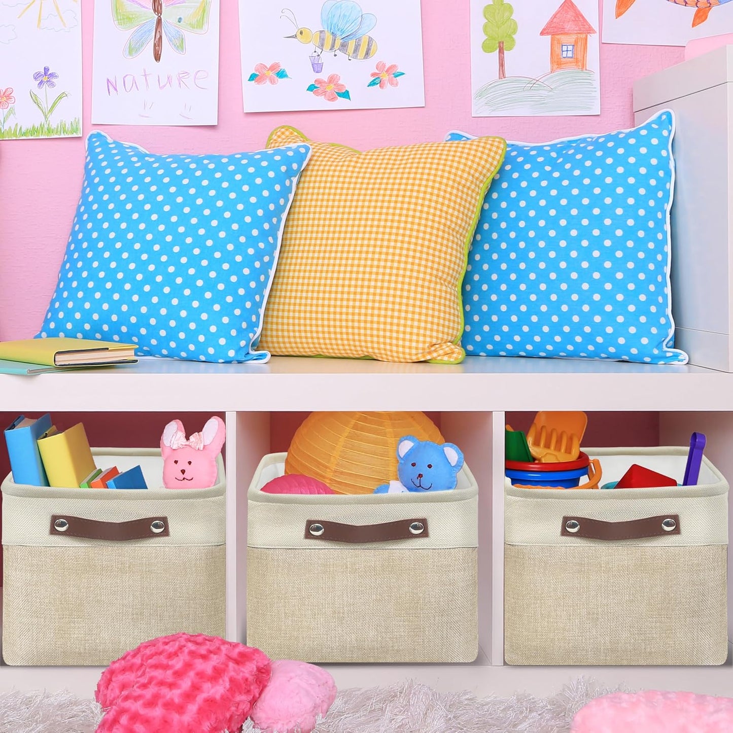 SIMPLE HOUSEWARE Large Fabric Storage Bin, 15" x 11" with Leather Like Handles, 3 Pack, Beige