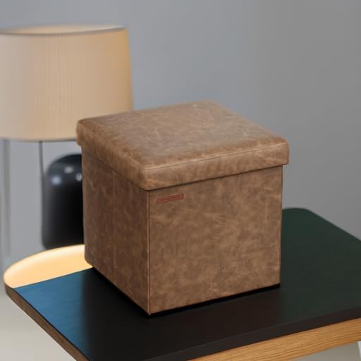 SONGMICS Mazie Collection - 15 Inches Ottoman with Storage, Footstool, Storage Ottoman, Load 660 lb, for Dorm, Living Room, Bedroom, Synthetic Leather, Coffee Brown ULSF010K01