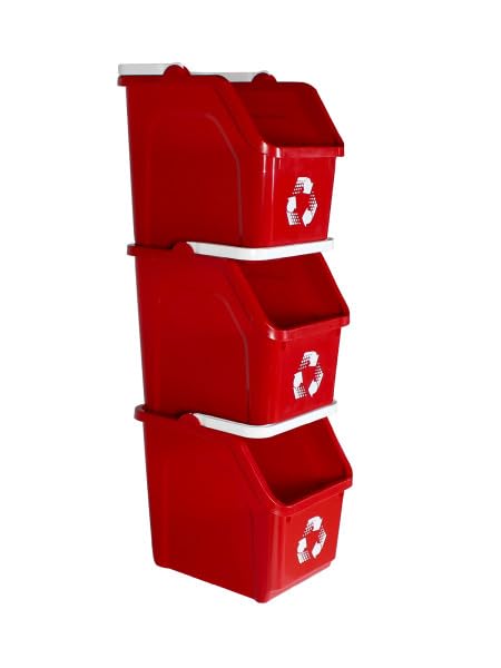 6 Gallon Stackable Recycling Bins for Homes, Garages, Offices Made of 100% Recycled Plastic - (Red, 3 Pack)