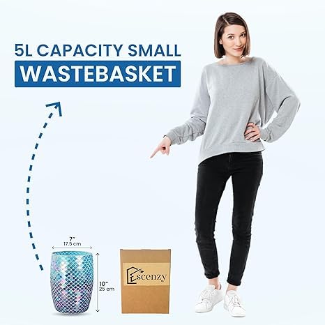 Escenzy Mermaid Bathroom Trash Can Mosaic Glass 5L | Decorative Small Garbage Can | 7" x 10" | Luxury Waste Basket for Restroom, Office, Bedroom & Kitchen | Shiny Glass Mermaid Bathroom Accessories