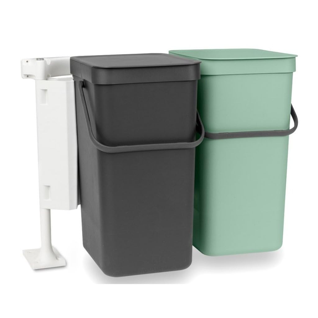 Brabantia Sort & Go Built-in Cupboard Recycling Cans (2 x 4.2 Gal/Dark Gray & Jade Green) Double Door Mounted Trash Organisers with Handles & Removable Lids