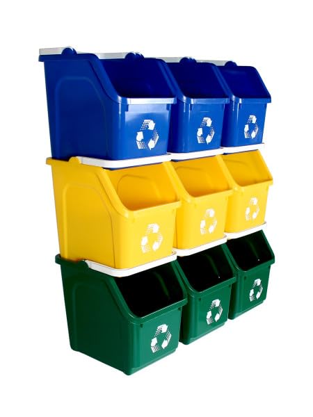 Multi Bin Recycling System with Nine Stackable 6 Gallon Recycle Bins to Build Your Recycling Center for Offices, Kitchen, Garages, Businesses (9 Pack, Blue/Yellow/Green)