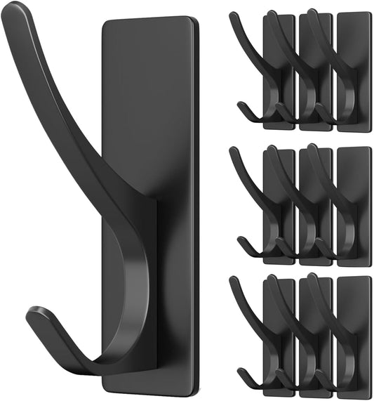Self Adhesive Coat Hooks for Hanging, Heavy Duty Stainless Double Wall Hook for Towel, Backpack, Hat, Sturdy Metal Hanger for Bathroom, Bedroom, Door, Wall Mounted, 10 Pack, Matt Black, New