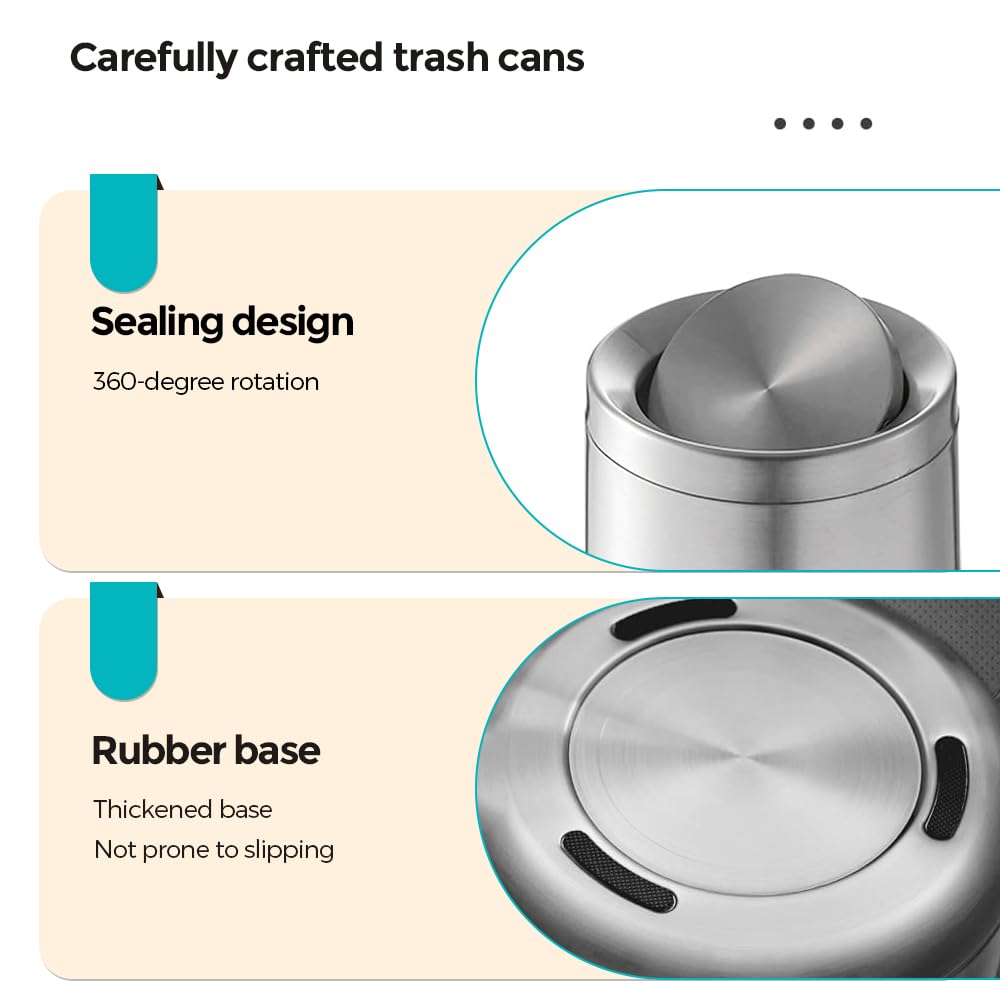 2.1 Gallon Bathroom Trash can with Lid, Small Brushed Silver Garbage Can, Stainless Steel Waste Basket for Bedroom Kitchen Office Hotel Powder Room Toilet (32A silver-8L)