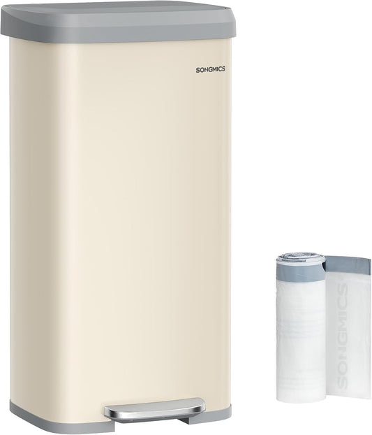 SONGMICS Kitchen Trash Can, 18-Gallon Stainless Steel Garbage Can, with Stay-Open Lid and Step-on Pedal, Soft Closure, Tall, Large and Space-Saving, Sand Beige and Dove Gray ULTB520A01