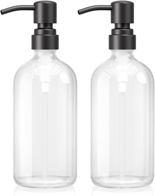 AmazerBath Soap Dispenser, 2 Pack Glass Soap Dispenser with Stainless Steel Pump, 17 Oz Bathroom Hand Soap Dispensers Bottle for Bathroom & Kitchen, Clear & Black