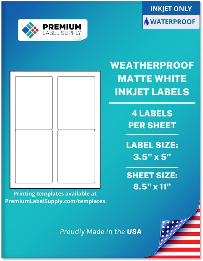 Premium Label Supply Waterproof Matte White Sticker Labels – 3.5" x 5" – Inkjet Printers Only – (4 per Sheet), 100 Sheets - 400 Total Adhesive Labels