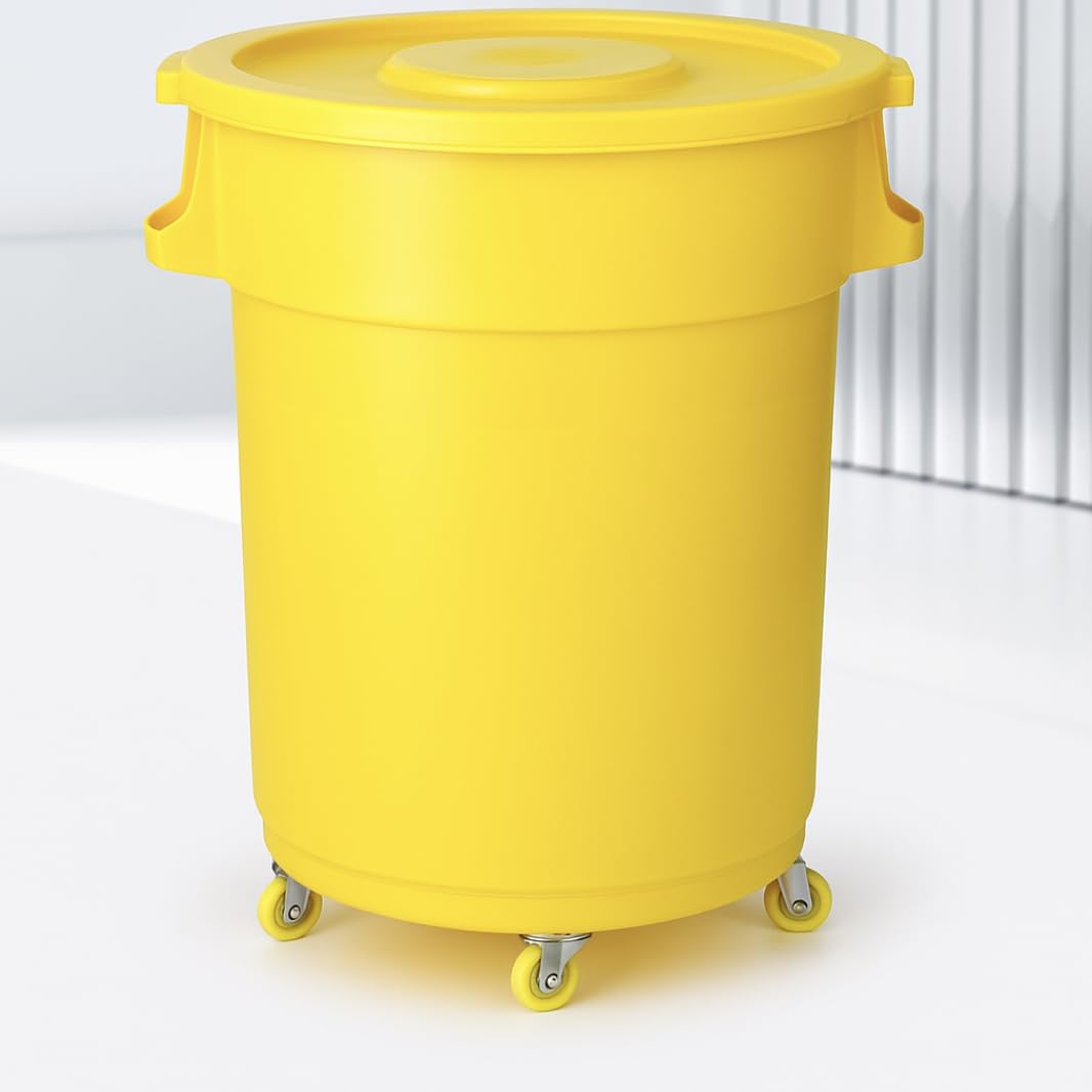32-Gallon Round Commercial Trash Can with Lid and Dolly – Heavy-Duty Plastic Garbage Bin for Restaurants, Kitchens, Janitorial Use, Indoor – Mobile Waste Container on Wheels (Yellow)