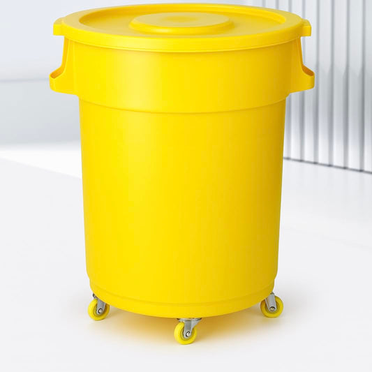 32-Gallon Round Commercial Trash Can with Lid and Dolly – Heavy-Duty Plastic Garbage Bin for Restaurants, Kitchens, Janitorial Use, Indoor – Mobile Waste Container on Wheels (Yellow)