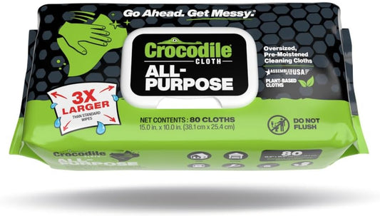 Crocodile Cloth All-Purpose Cleaning Wipes – 80 Count, 15"x10" Extra Large Plant-Based Disposable Cloths – Moist, Absorbent, Safe on Skin, Multi-Surface Use