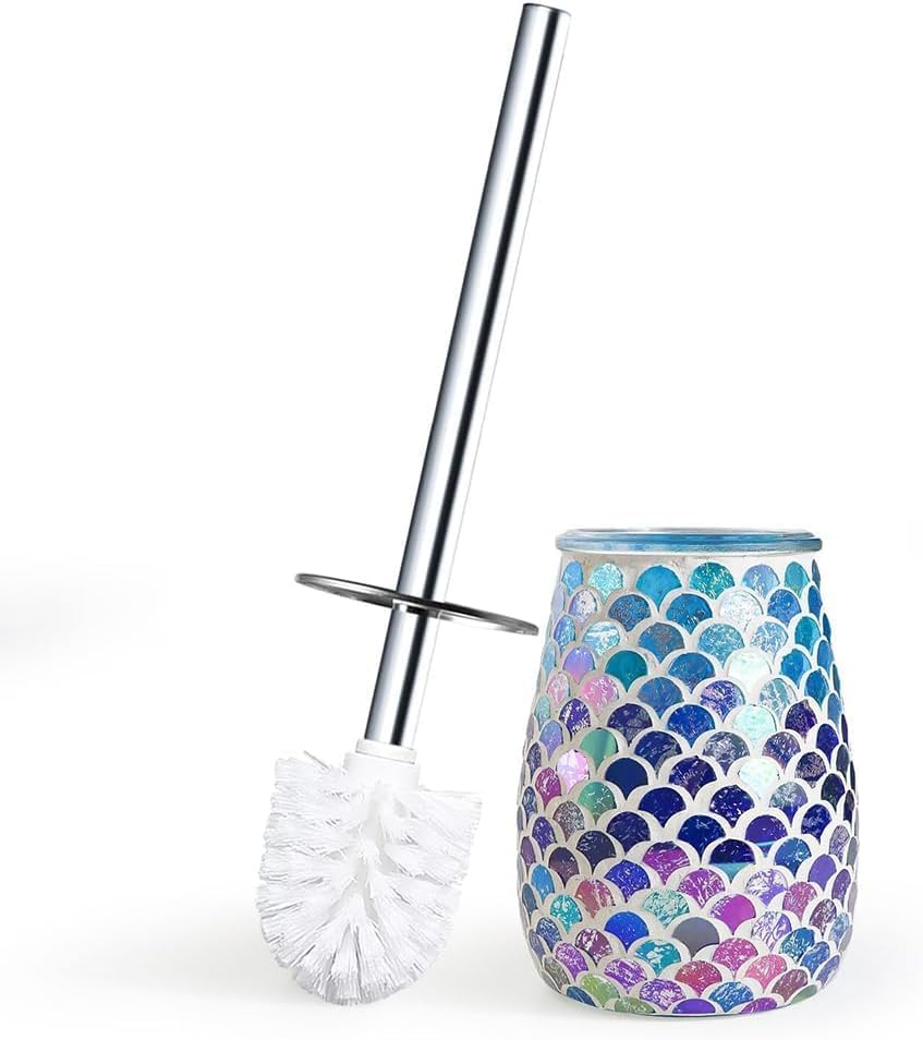 Escenzy Mermaid Bathroom Toilet Brush and Holder Set Mosaic Glass | Non-Rustic Stainless Steel | Practical & Decorative Toilet Bowl Brush and Holder | Luxury Mermaid Bathroom Decor