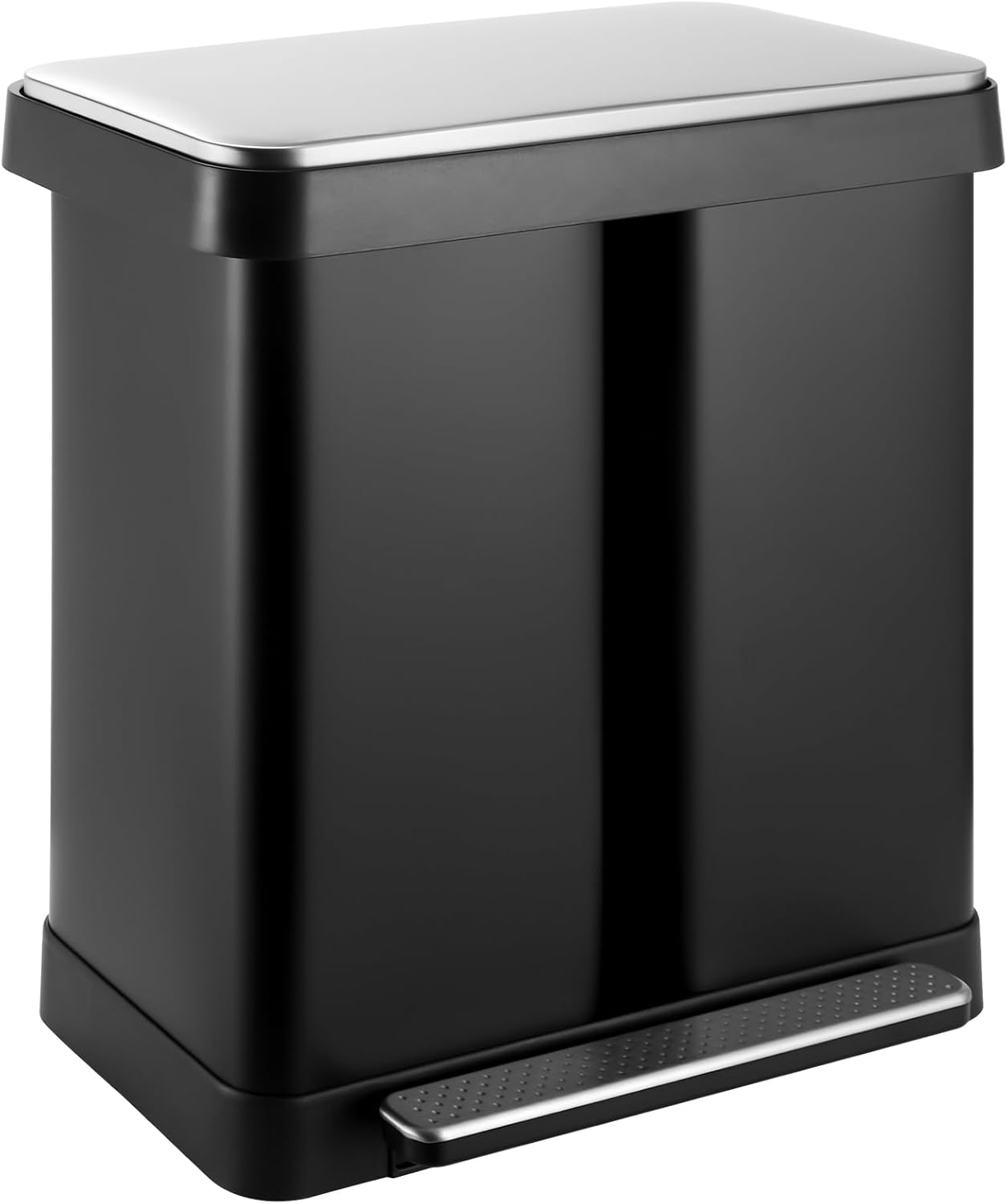 16 Gallon Dual Compartment Trash Can, Hands-Free Recycling Rectangular Garbage Bin, Stainless Steel Step-On Dustbin with Soft-Close Lid, Removable Inner Buckets, for Kitchen Home
