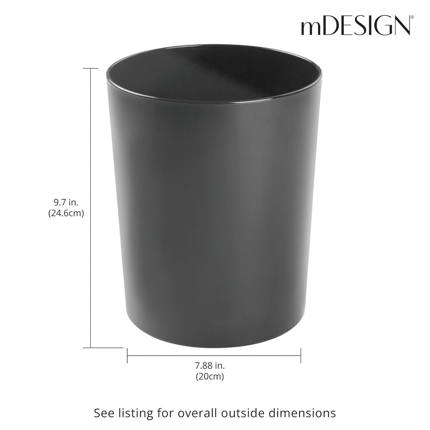mDesign Round Metal Small 1.7 Gallon Recycle Trash Can Wastebasket, Garbage Container Bin for Bathrooms, Kitchen, Bedroom, Home Office - Durable Stainless Steel - Mirri Collection - Black