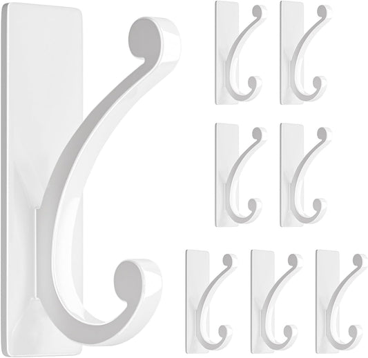 Adhesive Wall Hook for Towel/Coat - Extra Sticky 10LB Stainless, Stick on Hanger for Bath or Shower, White 8-Pack