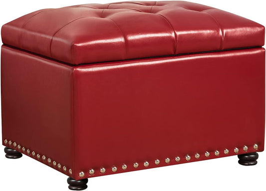 24'' Leather Storage Ottoman Rectangular Foot Rest Stool with Nailhead Trim for Bedroom Living Room(Red)
