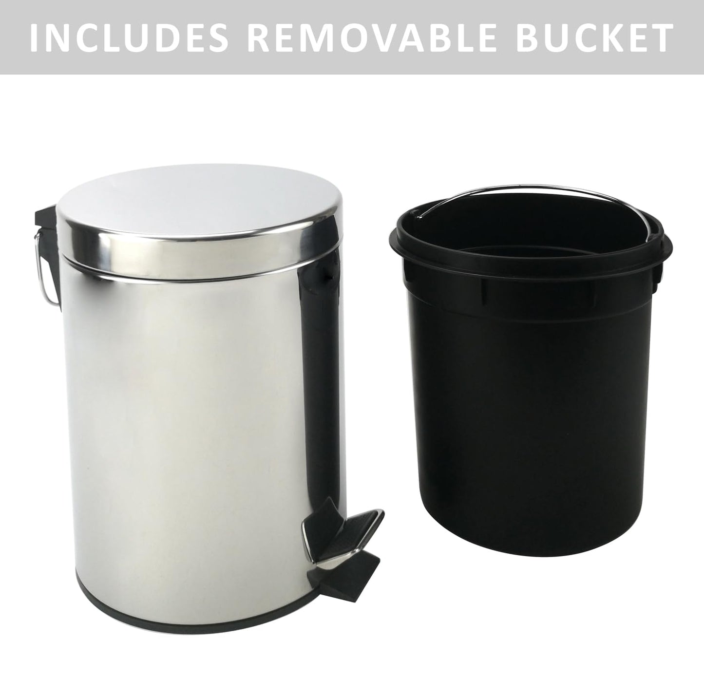 Stainless Steel Small Trash Can with Lid & Step Pedal - 5 Liters/1.3 Gallon Soft Close Waste Basket with Removeable Inner Bucket - Garbage Can for Bathroom, Bedroom, Kitchen & Office (Chrome)