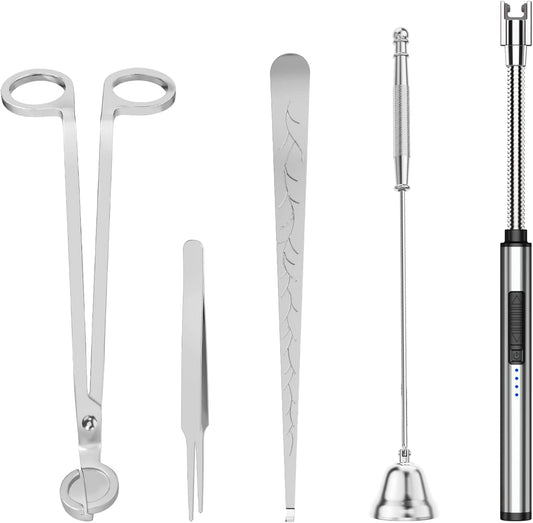 5 in 1 Candle Accessory Set,Candle Wick Trimmer Cutter,Candle Wick Dipper,Candle Wick Snuffer,Rechargeable Candle Lighter,Tweezers,Stainless Steel Candle Care Kit Home Gift for Aromatherapy(Silver)