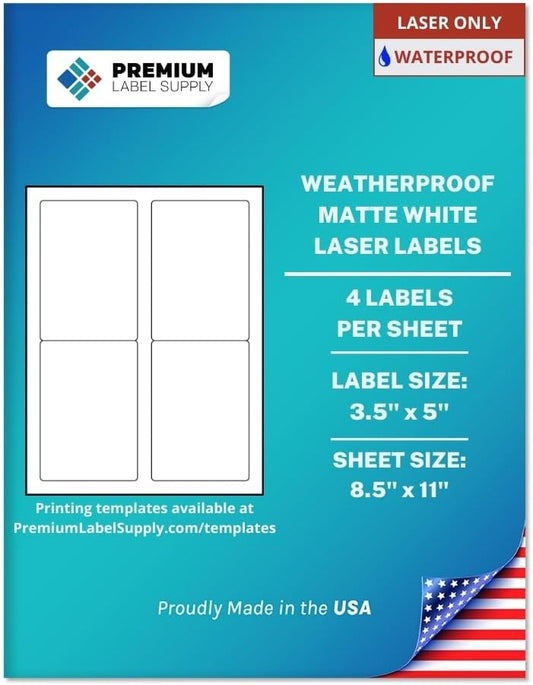 Premium Label Supply Waterproof Matte White Sticker Labels – 3.5" x 5" – Laser Printers Only – (4 per Sheet), 1000 Sheets - 4,000 Total Adhesive Labels
