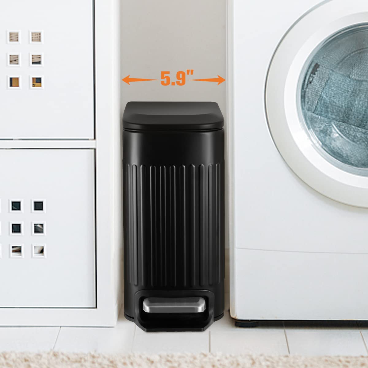 TrashAid Small Black Bathroom Trash Can with Lid Soft Close, 6 Liter / 1.6 Gallon, Stainless Steel Garbage Can with Removable Inner Bucket, Step Pedal, Slim Wastebasket for Toilet, Office, Bedroom