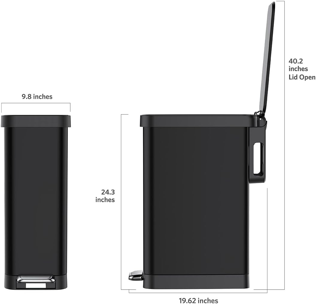 Glad Slim Trash Can with Clorox Odor Protection - Narrow Kitchen Garbage Bin with Soft Close Lid, Step On Foot Pedal and Waste Bag Roll Holder, Black, 45 Liter