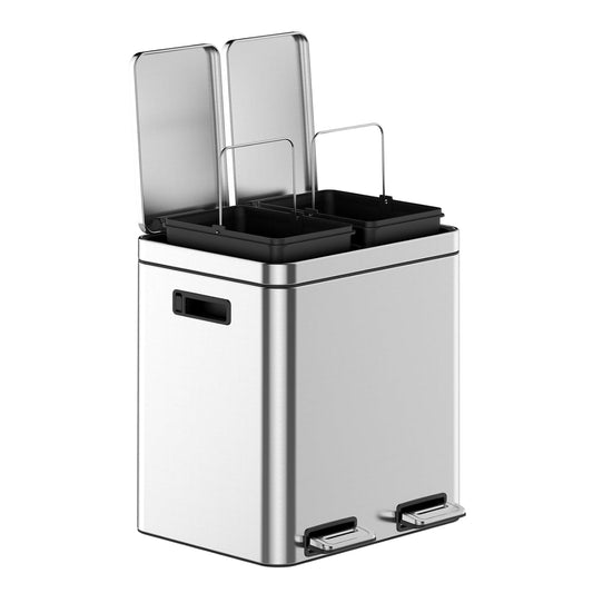 2 x 4 Gal (2 x 15L) Trash Can, Stainless Steel Triple Compartment Step-On Recycling Bin with Soft-Close Lids & Removable Plastic Inner Buckets for Kitchen, Home, Office