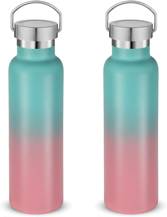 Neihepal 20 oz Insulated Water Bottles Bulk 2 Pack,Stainless Steel Double Wall Sport Bottle with Lid of Handle,Metal Reusable Thermoses Flask for School,Cyclists,Hikers,Gift (Green-Pink,Set of 2)