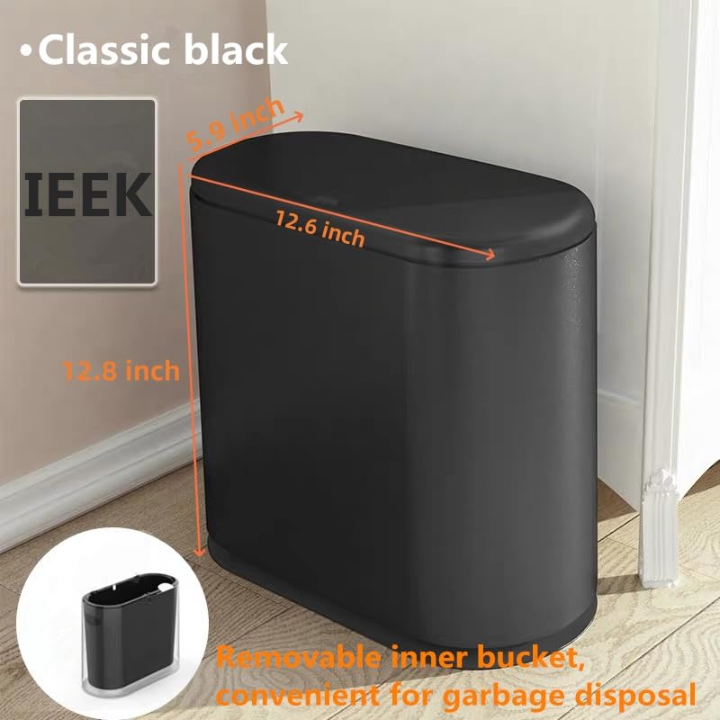 IEEK Plastic Trash Can with Press Top Lid,3.2 Gallon /12 Liter Garbage Can,Black Modern Waste Basket Thin Trash Cans for Bathroom,Kitchen,Living Room,Office and Narrow Spaces