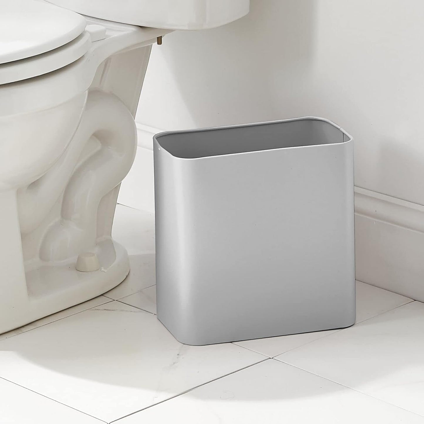 mDesign Small Metal 2.4 Gallon Trash Can Wastebasket Garbage Bin for Bathroom, Slim Rubbish Waste Trashcans Master/Guest Bath, Bedroom, Garage, Mirri Collection, Gray (23578MDBST)