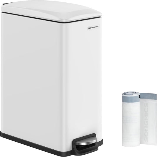 SONGMICS Slim Trash Can, 13-Gallon (50 L) Garbage Can for Narrow Spaces with Soft-Close Lid, Inner Bucket, and Step-on Pedal, Stainless Steel, 15 Trash Bags Included, White ULTB510W48